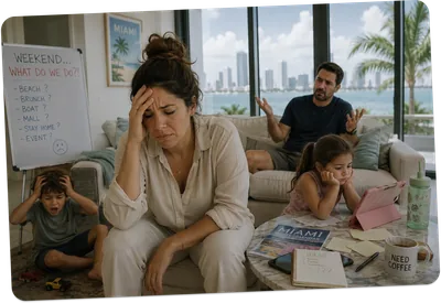 A family overwhelmed while trying to make weekend plans